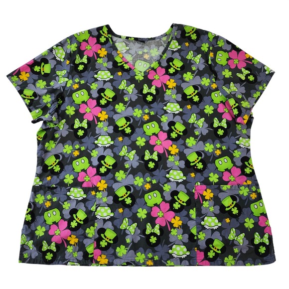 Disney Tops - Disney Mickey Minnie St Patricks Day Scrub Top V-Neck Grey Green Pink XL